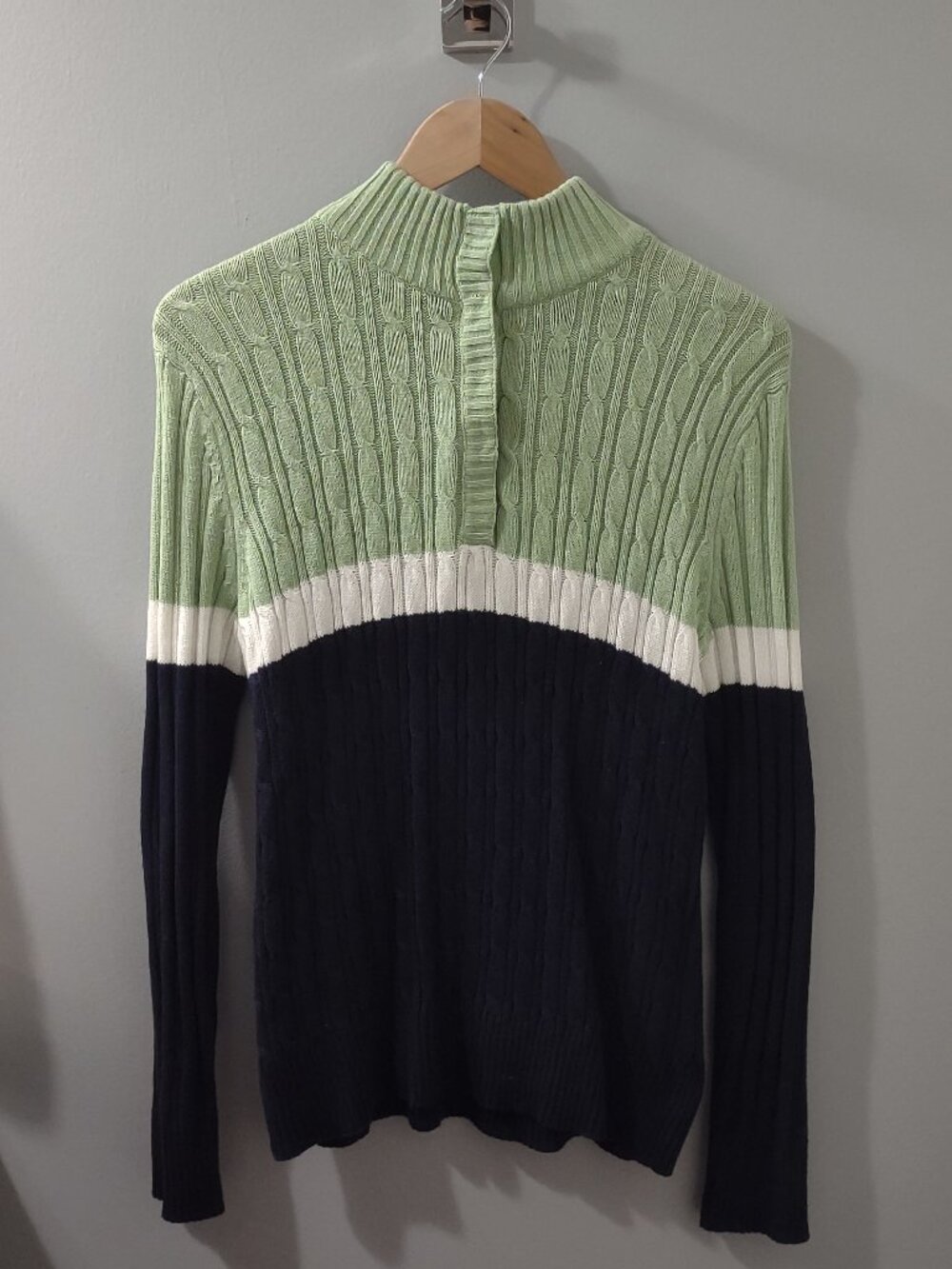 Liz & Co. Cotton Green White Navy Snap Button Turtleneck Cableknit Sweater XL